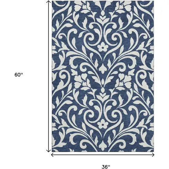 Navy Blue And Ivory Floral Washable Area Rug With UV Protection Photo 3