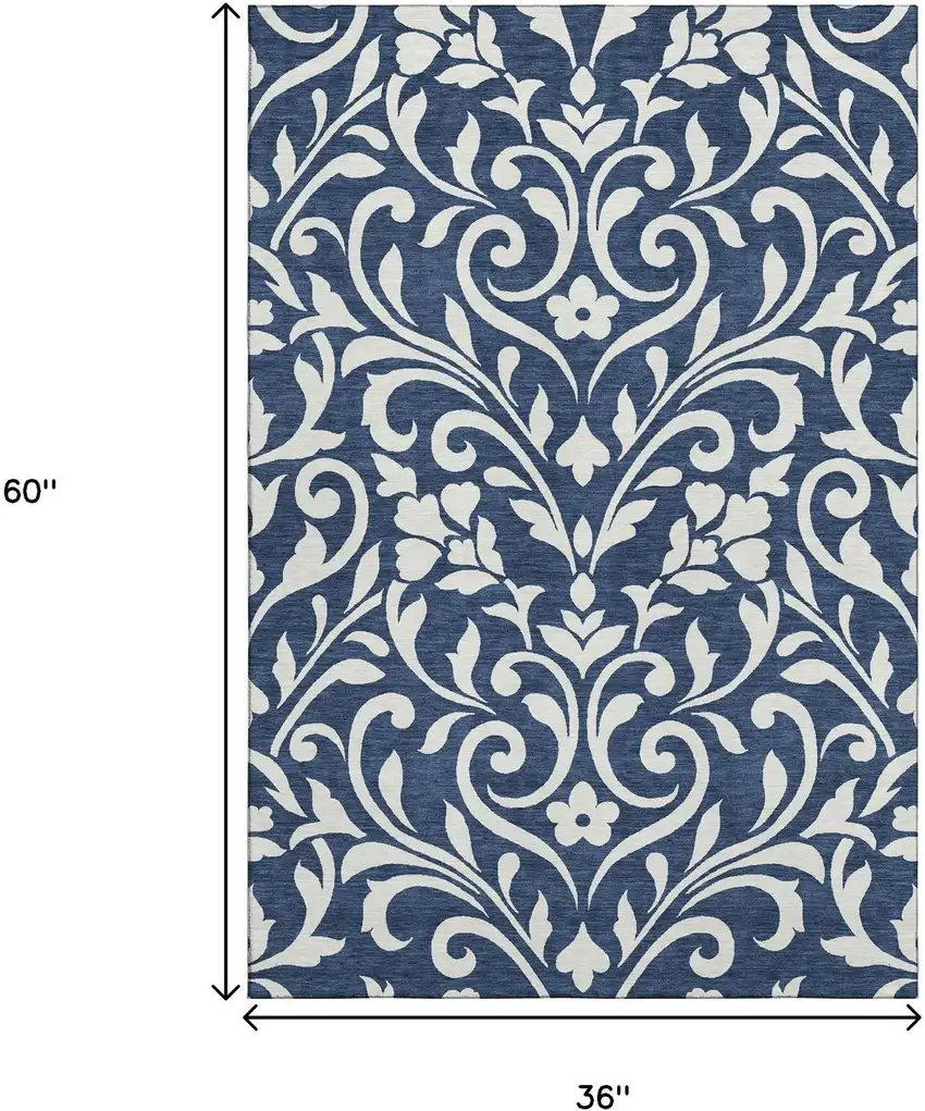 Navy Blue And Ivory Floral Washable Area Rug With UV Protection Photo 3