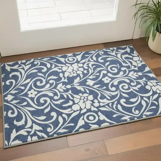 Navy Blue And Ivory Floral Washable Area Rug With UV Protection Photo 2