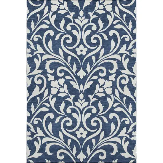Navy Blue And Ivory Floral Washable Area Rug With UV Protection Photo 1