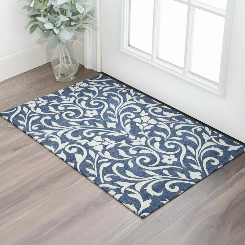 Navy Blue And Ivory Floral Washable Area Rug With UV Protection Photo 1