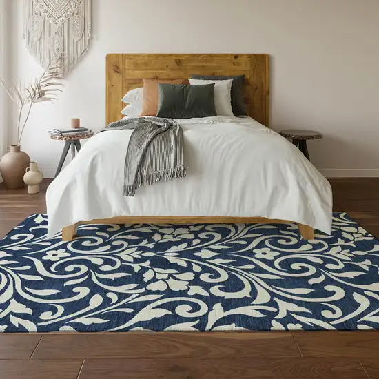 Navy Blue And Ivory Floral Washable Area Rug With UV Protection Photo 6