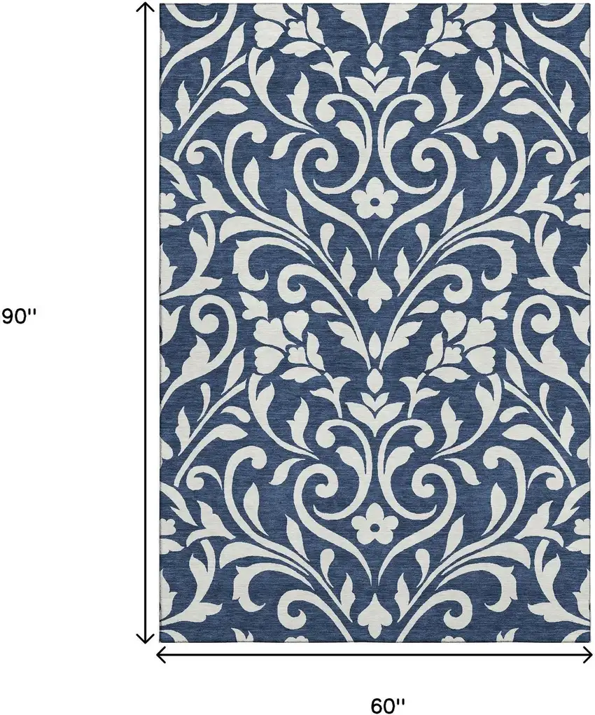 Navy Blue And Ivory Floral Washable Area Rug With UV Protection Photo 9