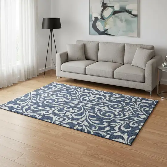 Navy Blue And Ivory Floral Washable Area Rug With UV Protection Photo 2