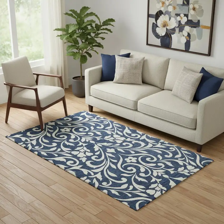 Navy Blue And Ivory Floral Washable Area Rug With UV Protection Photo 1