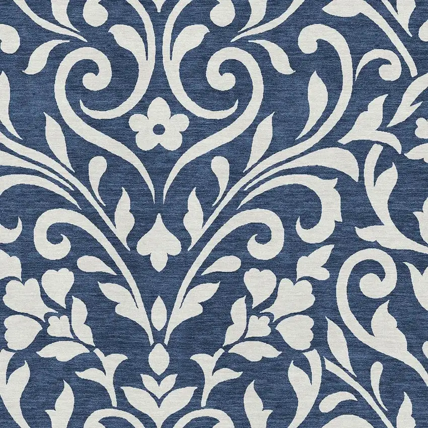 Navy Blue And Ivory Floral Washable Area Rug With UV Protection Photo 3