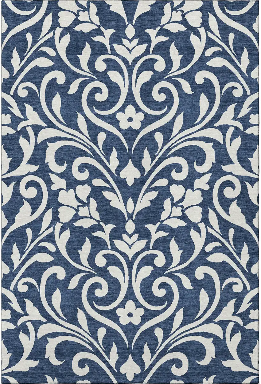 Navy Blue And Ivory Floral Washable Area Rug With UV Protection Photo 4
