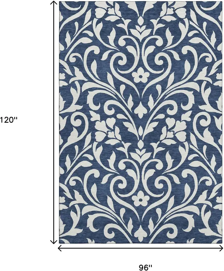 Navy Blue And Ivory Floral Washable Area Rug With UV Protection Photo 9