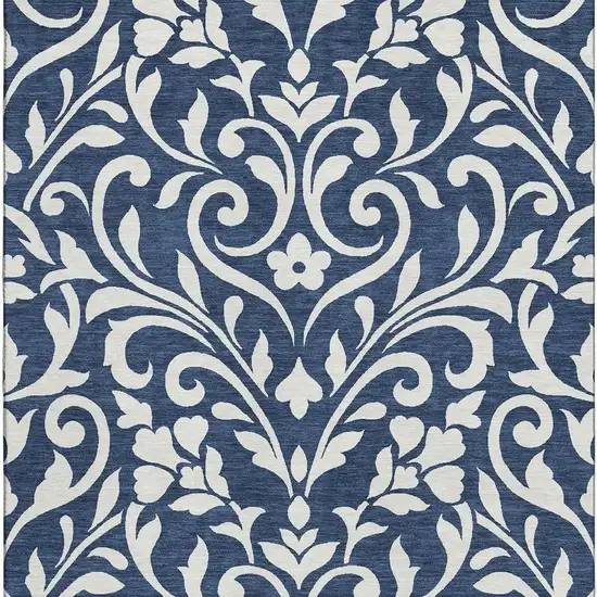Navy Blue And Ivory Floral Washable Area Rug With UV Protection Photo 3