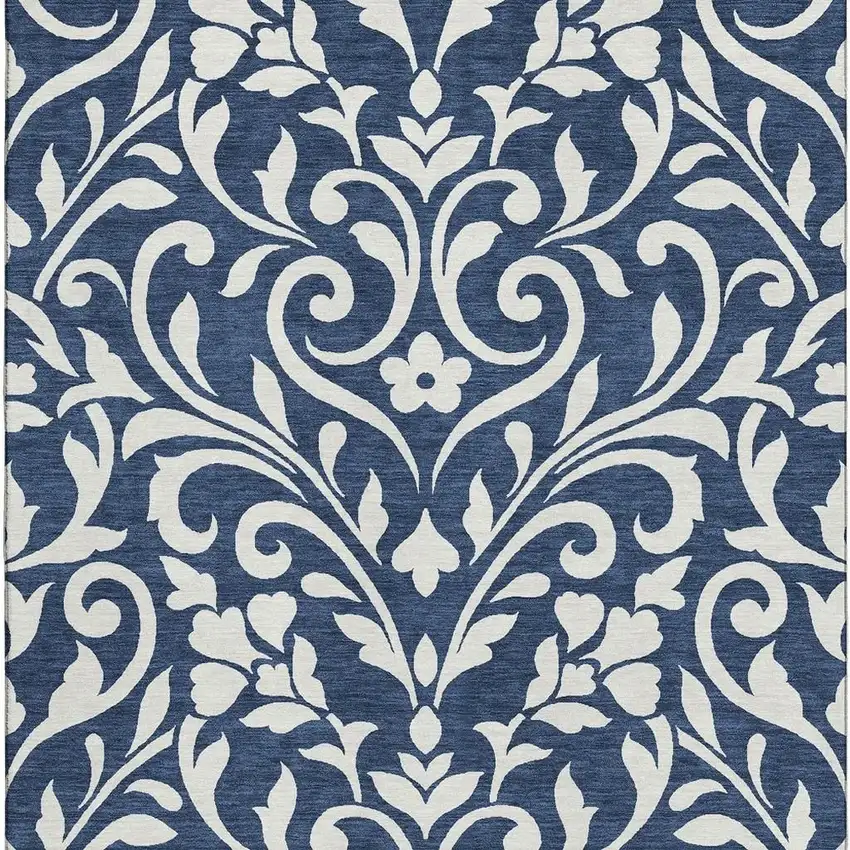 Navy Blue And Ivory Floral Washable Area Rug With UV Protection Photo 3