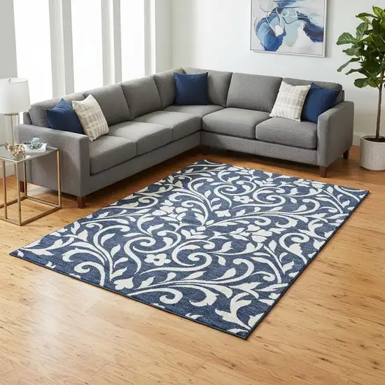 Navy Blue And Ivory Floral Washable Area Rug With UV Protection Photo 2