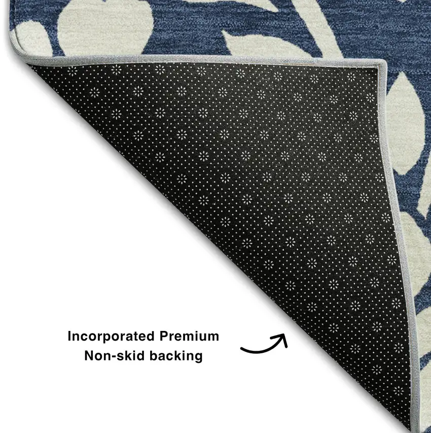 Navy Blue And Ivory Floral Washable Area Rug With UV Protection Photo 7