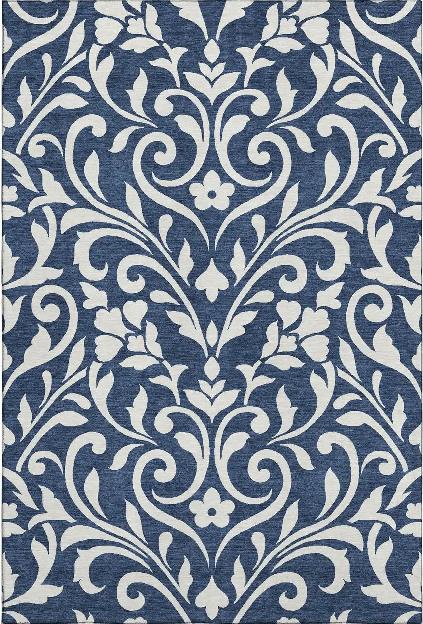 Navy Blue And Ivory Floral Washable Area Rug With UV Protection Photo 1