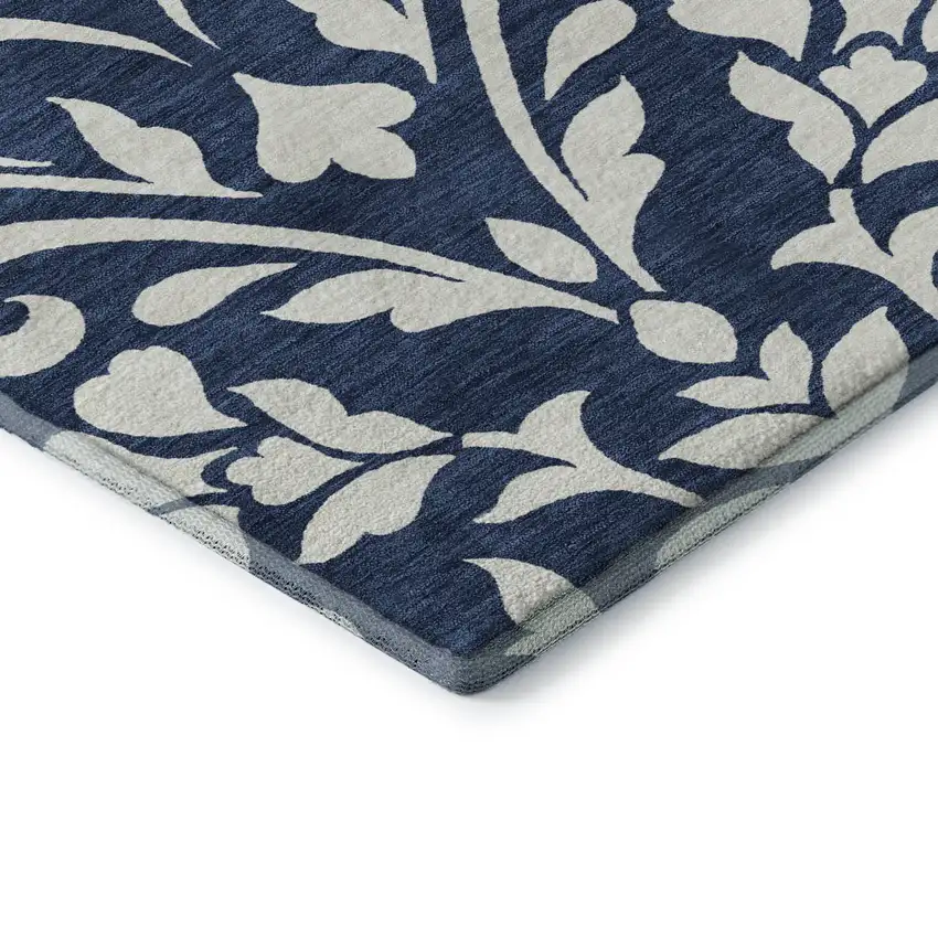 Navy Blue And Ivory Floral Washable Area Rug With UV Protection Photo 8