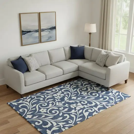 Navy Blue And Ivory Floral Washable Area Rug With UV Protection Photo 1
