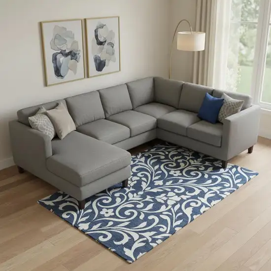 Navy Blue And Ivory Floral Washable Area Rug With UV Protection Photo 1