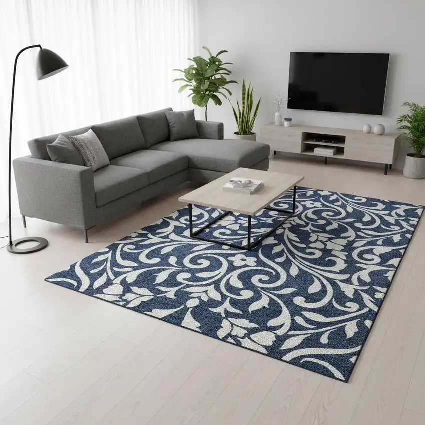 Navy Blue And Ivory Floral Washable Area Rug With UV Protection Photo 2