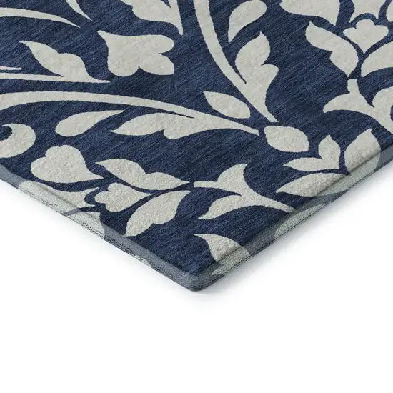 Navy Blue And Ivory Floral Washable Area Rug With UV Protection Photo 8