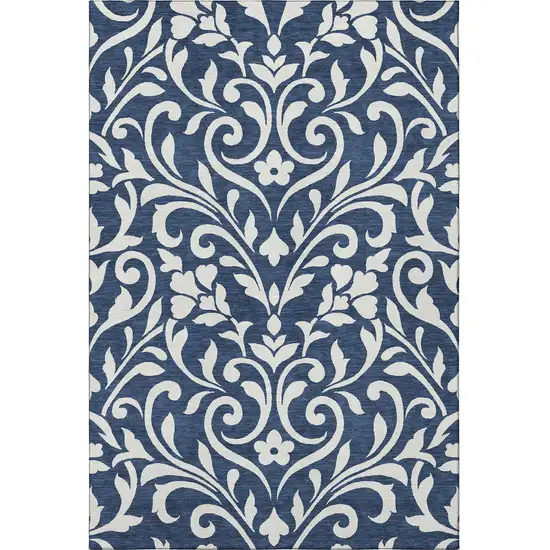 Navy Blue And Ivory Floral Washable Area Rug With UV Protection Photo 4