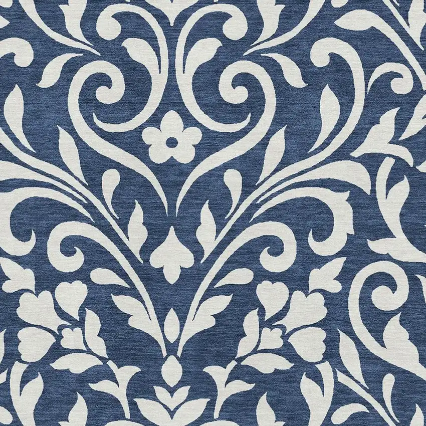 Navy Blue And Ivory Floral Washable Area Rug With UV Protection Photo 3