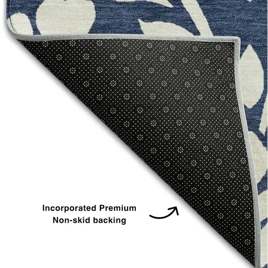 Navy Blue And Ivory Floral Washable Area Rug With UV Protection Photo 7