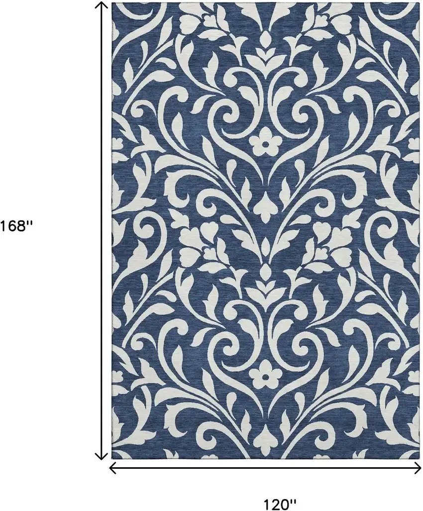 Navy Blue And Ivory Floral Washable Area Rug With UV Protection Photo 9