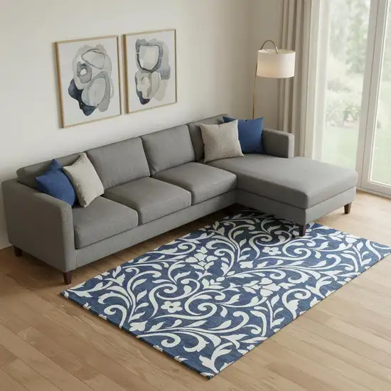 Navy Blue And Ivory Floral Washable Area Rug With UV Protection Photo 1