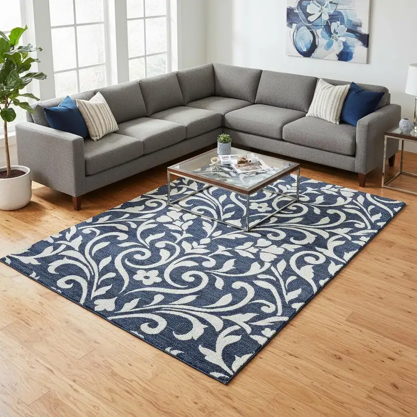 Navy Blue And Ivory Floral Washable Area Rug With UV Protection Photo 2
