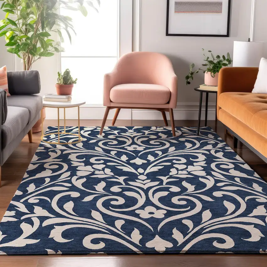 Navy Blue And Ivory Floral Washable Area Rug With UV Protection Photo 5