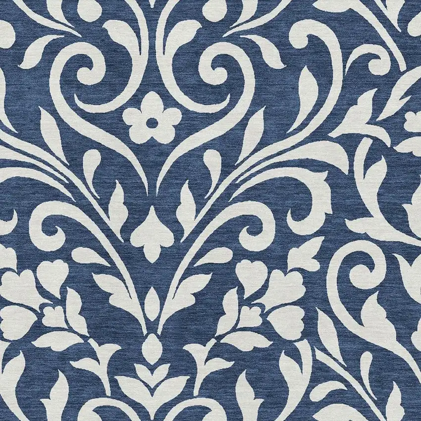 Navy Blue And Ivory Floral Washable Area Rug With UV Protection Photo 3