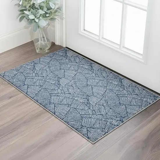 Navy Blue And Ivory Floral Washable Area Rug With UV Protection Photo 2