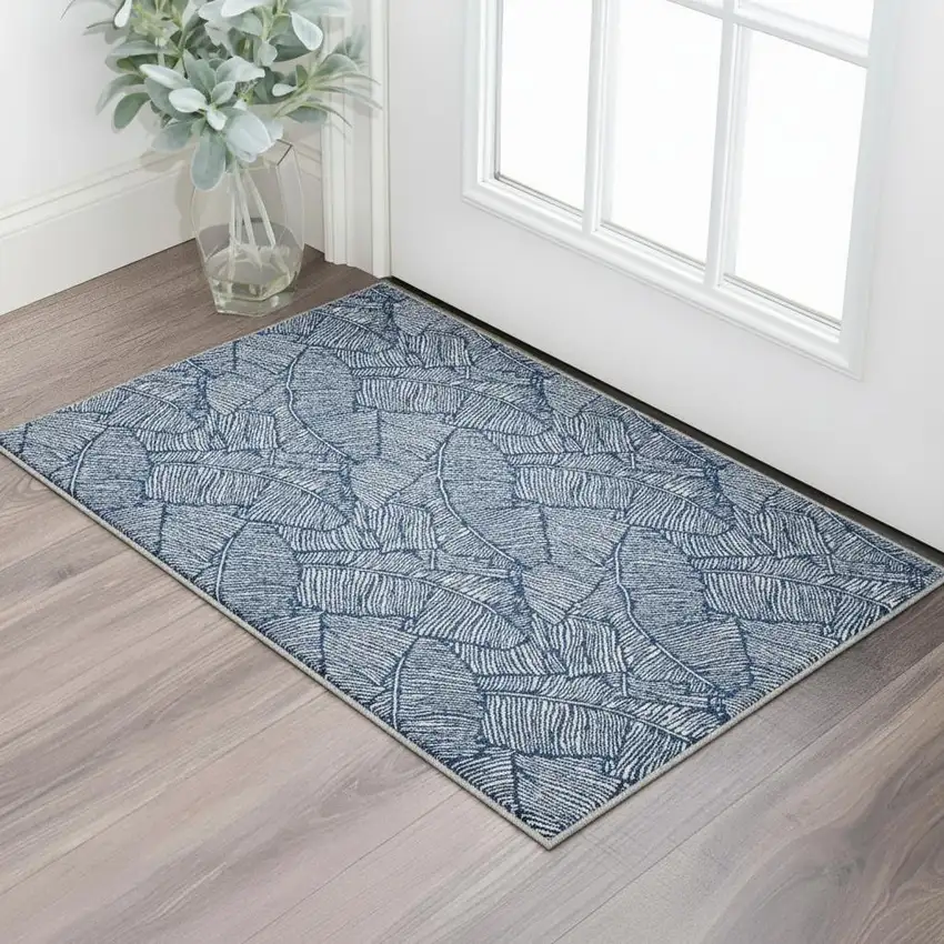 Navy Blue And Ivory Floral Washable Area Rug With UV Protection Photo 2