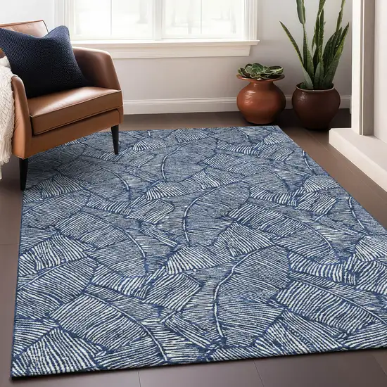 Navy Blue And Ivory Floral Washable Area Rug With UV Protection Photo 5