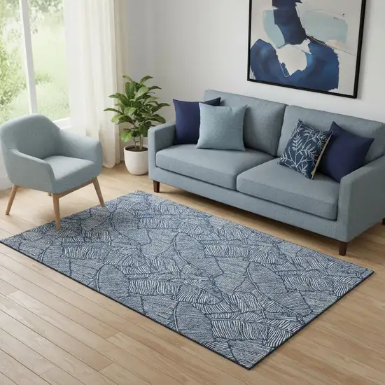 Navy Blue And Ivory Floral Washable Area Rug With UV Protection Photo 1