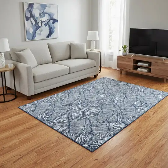 Navy Blue And Ivory Floral Washable Area Rug With UV Protection Photo 2