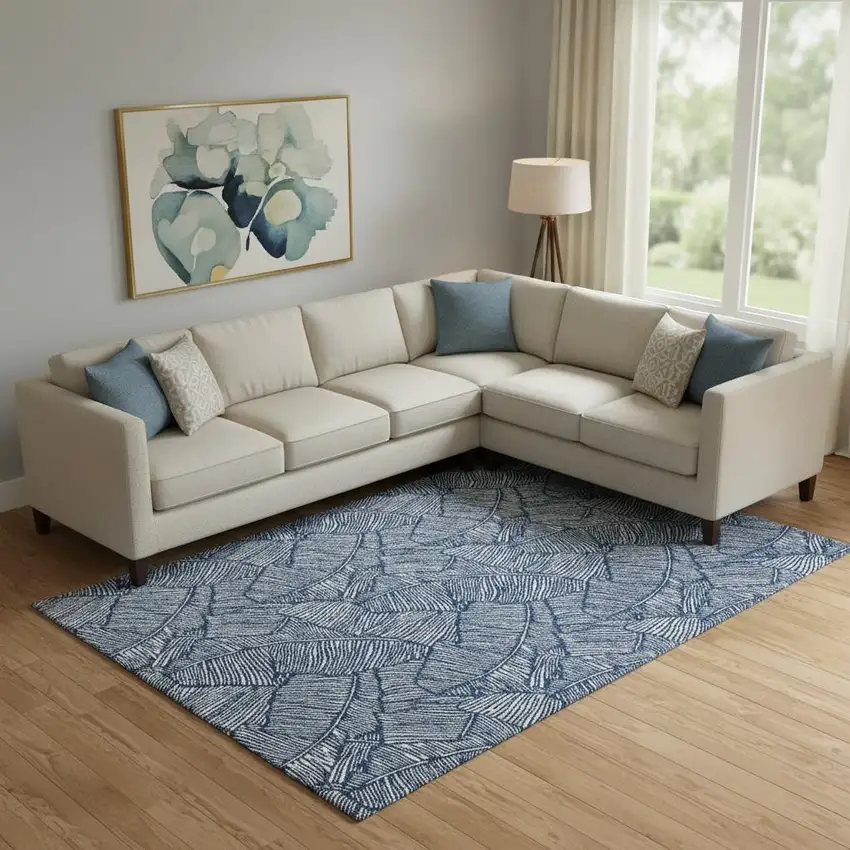 Navy Blue And Ivory Floral Washable Area Rug With UV Protection Photo 1