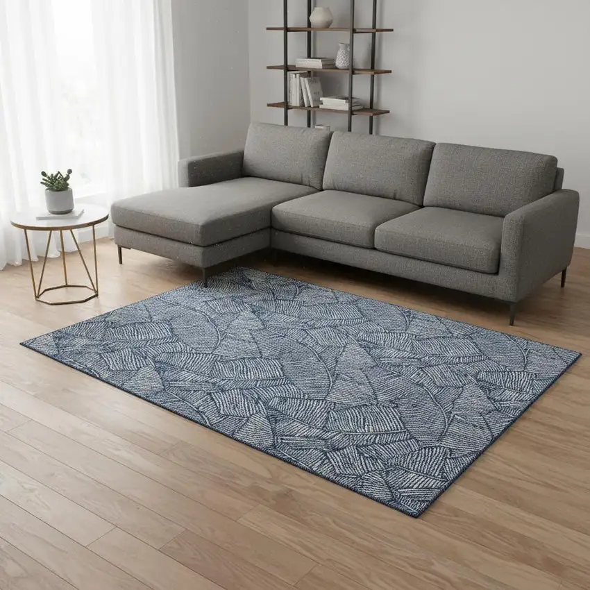 Navy Blue And Ivory Floral Washable Area Rug With UV Protection Photo 2