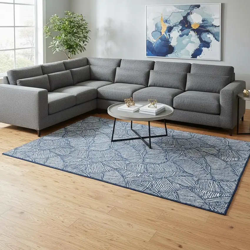 Navy Blue And Ivory Floral Washable Area Rug With UV Protection Photo 2