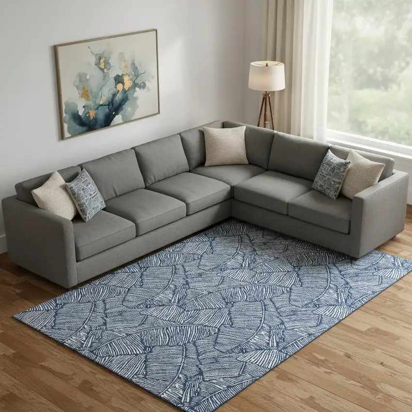 Navy Blue And Ivory Floral Washable Area Rug With UV Protection Photo 1