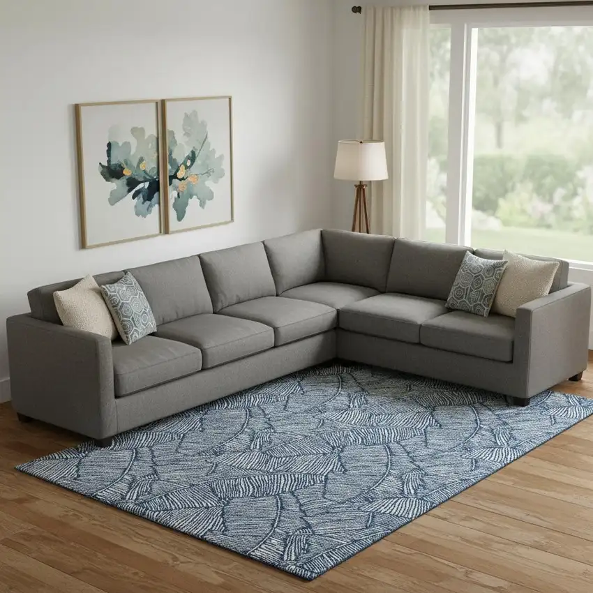 Navy Blue And Ivory Floral Washable Area Rug With UV Protection Photo 1