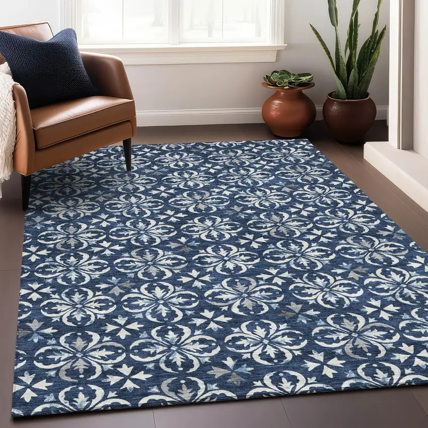 Navy Blue And Ivory Floral Washable Area Rug With UV Protection Photo 4