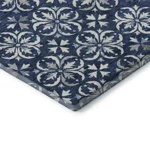 Photo of Navy Blue And Ivory Floral Washable Area Rug With UV Protection