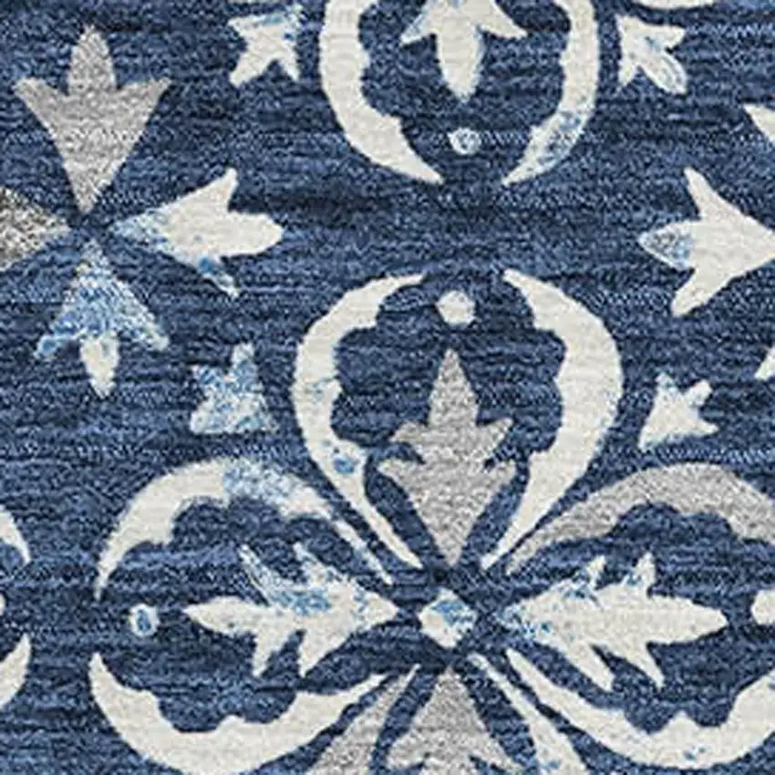 Navy Blue And Ivory Floral Washable Area Rug With UV Protection Photo 4