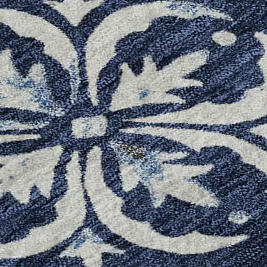 Navy Blue And Ivory Floral Washable Area Rug With UV Protection Photo 2