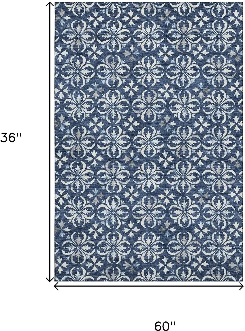 Navy Blue And Ivory Floral Washable Area Rug With UV Protection Photo 3
