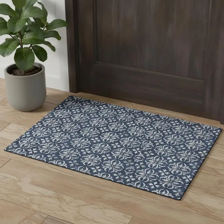 Navy Blue And Ivory Floral Washable Area Rug With UV Protection Photo 1