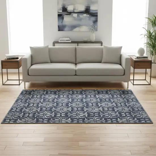 Navy Blue And Ivory Floral Washable Area Rug With UV Protection Photo 2