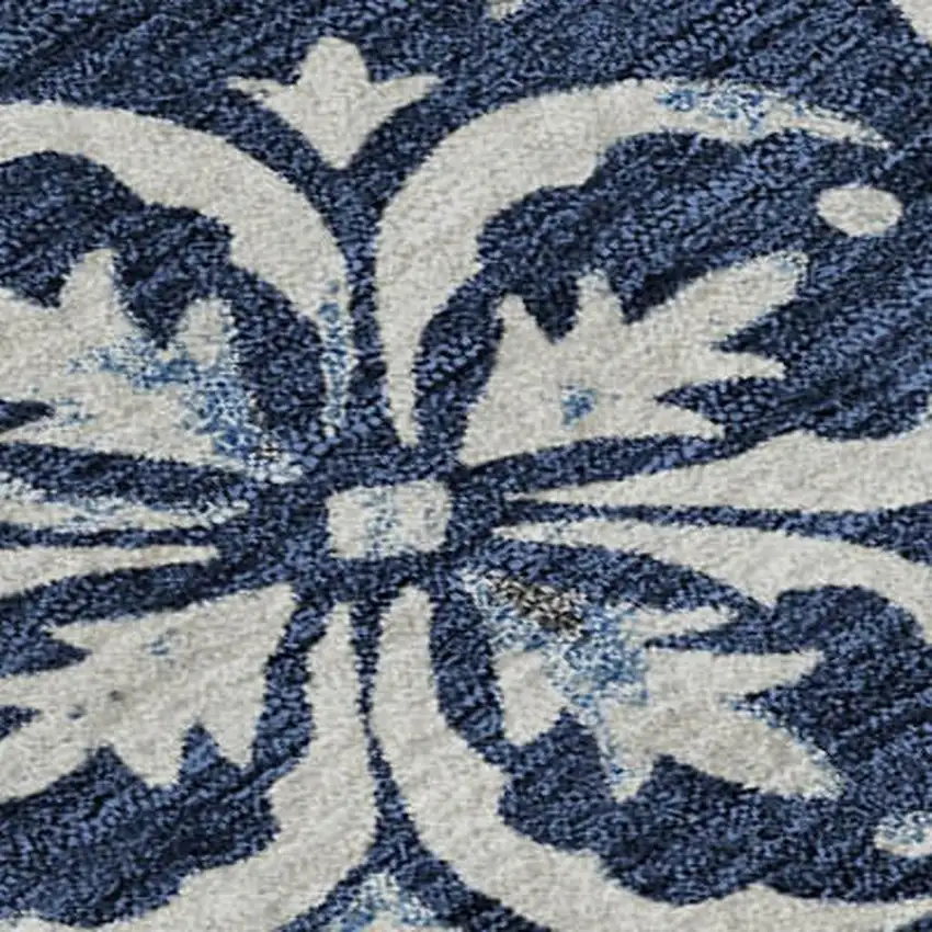 Navy Blue And Ivory Floral Washable Area Rug With UV Protection Photo 2