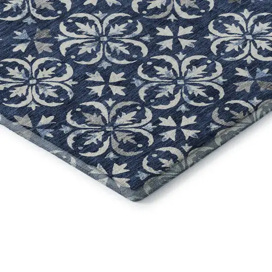 Navy Blue And Ivory Floral Washable Area Rug With UV Protection Photo 1