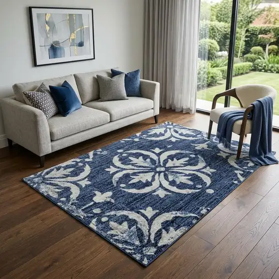 Navy Blue And Ivory Floral Washable Area Rug With UV Protection Photo 1